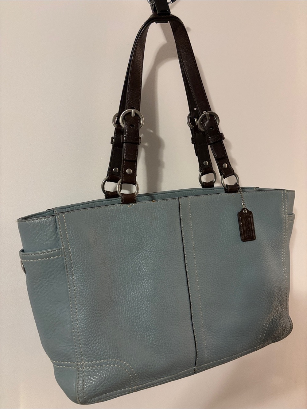 Vintage Coach Pebbled Leather Hobo bag in Powder Blue with brown straps